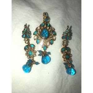 BLUE KUNDAN GOLD TONE INDIAN BOLLYWOOD NECKLACE EARRINGS TIKKA SET JEWELRY